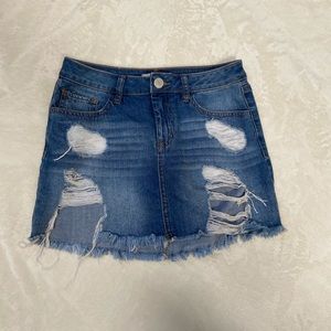 Distressed denim miniskirt